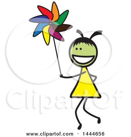 Clipart of a Stick Girl Playing with a Pinwheel - Royalty Free Vector Illustration by ColorMagic