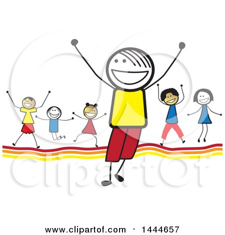 Clipart of a Group of Stick Children Cheering - Royalty Free Vector Illustration by ColorMagic