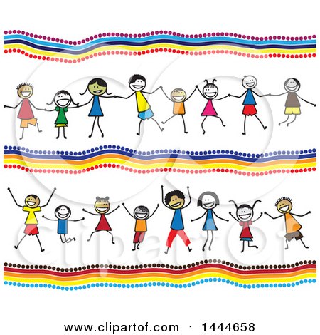 Clipart of a Background with Groups of Stick Children Holding Hands and Cheering - Royalty Free Vector Illustration by ColorMagic