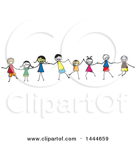 Clipart of a Group of Stick Children Holding Hands - Royalty Free Vector Illustration by ColorMagic