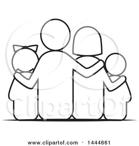 Clipart of a Black and White Lineart Rear View of a Family - Royalty Free Vector Illustration by ColorMagic