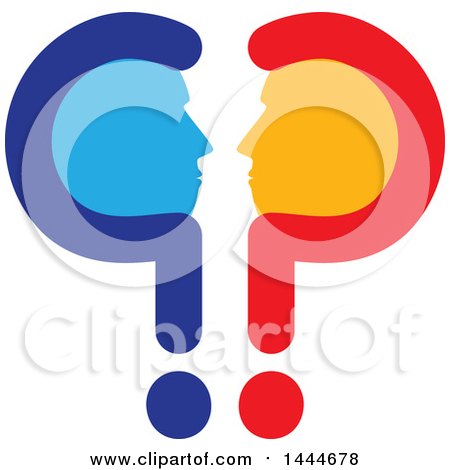 Clipart of a Silhouetted Blue and Orange Profiled Male Faces Mirrored in Question Marks - Royalty Free Vector Illustration by ColorMagic