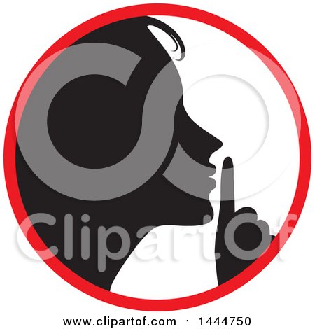 Clipart of a Black Silhouetted Woman Shushing Inside a Circle - Royalty Free Vector Illustration by ColorMagic