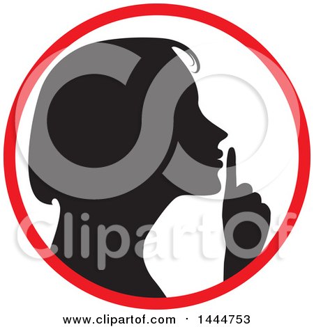 Clipart of a Black Silhouetted Woman Shushing Inside a Circle - Royalty Free Vector Illustration by ColorMagic