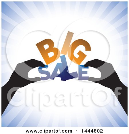 Clipart of a Pair of Silhouetted Hands Assembling BIG SALE, over Blue Rays - Royalty Free Vector Illustration by ColorMagic