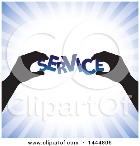 Clipart of a Pair of Silhouetted Hands Assembling SERVICE, over Blue Rays - Royalty Free Vector Illustration by ColorMagic