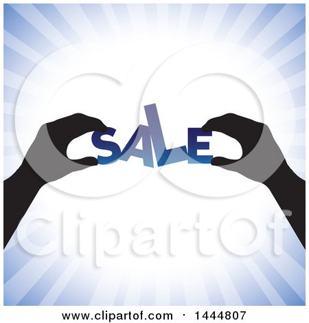 Clipart of a Pair of Silhouetted Hands Assembling SALE, over Blue Rays - Royalty Free Vector Illustration by ColorMagic