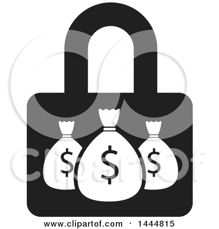 Clipart of a Black and White Usd Money Bag Padlock - Royalty Free Vector Illustration by ColorMagic