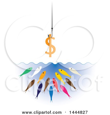 Clipart of a Dollar Currency Symbol on a Hook over Hungry Colorful Fish - Royalty Free Vector Illustration by ColorMagic