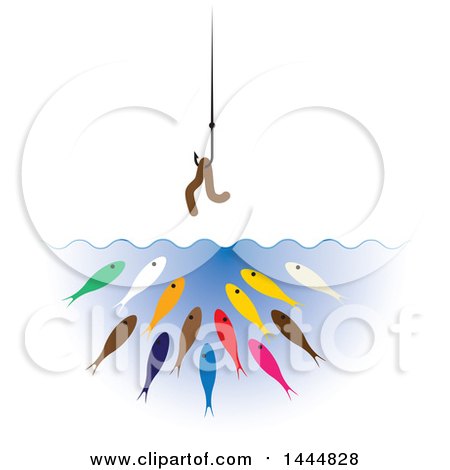 Clipart of a Worm on a Hook over Hungry Colorful Fish - Royalty Free Vector Illustration by ColorMagic