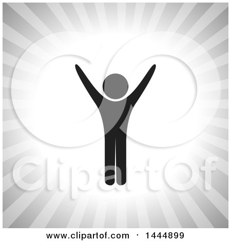 Clipart of a Silhouetted Person Cheering over Gray Rays - Royalty Free Vector Illustration by ColorMagic