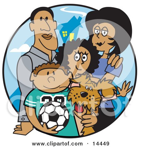Two Parents Standing With Their Son, Daughter and the Family Dog Clipart Illustration by Andy Nortnik