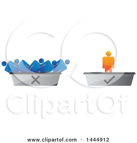 Clipart of a 3d Orange Man on a Check Mark Podium and Blue Men on a Discard One - Royalty Free Vector Illustration by ColorMagic