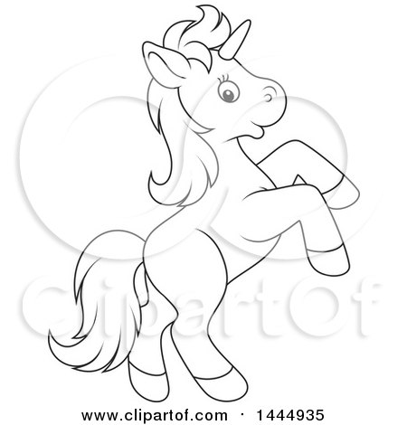Clipart of a Cartoon Black and White Lineart Cute Unicorn Rearing - Royalty Free Vector Illustration by Alex Bannykh