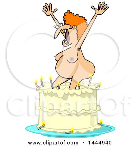 Clipart of a Cartoon Nude Ugly White Woman Popping out of a Birthday Cake - Royalty Free Vector Illustration by djart