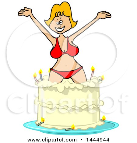Clipart of a Cartoon Blond White Woman in a Bikini, Popping out of a Birthday Cake - Royalty Free Vector Illustration by djart