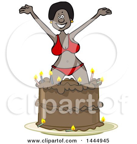 Clipart of a Cartoon Black Woman in a Bikini, Popping out of a Birthday Cake - Royalty Free Vector Illustration by djart