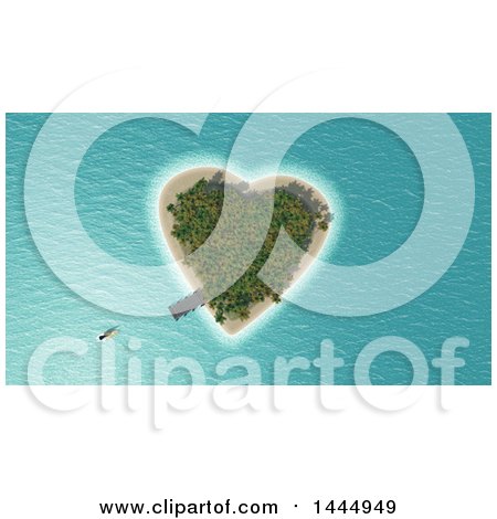 Clipart of a 3d Heart Shaped Island with a Dock and Approaching Boat - Royalty Free Illustration by KJ Pargeter