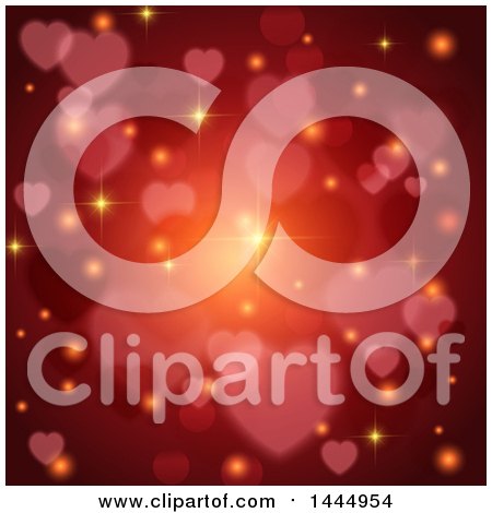 Clipart of a Background of Valentines Day Hearts and Flares over Red - Royalty Free Vector Illustration by KJ Pargeter