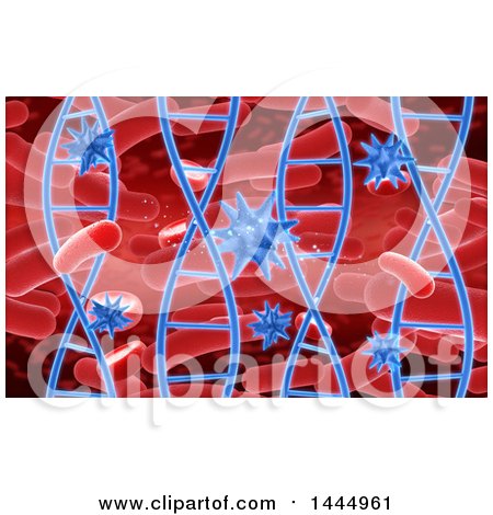 Clipart of a 3d Scientific Medical Background of Blue Dna Strands and Virus Cells over Red - Royalty Free Illustration by KJ Pargeter