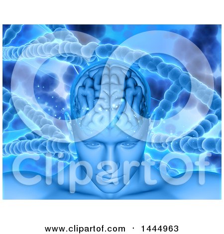 Clipart of a 3d Male Human Head with Visible Brain and Dna Strands - Royalty Free Illustration by KJ Pargeter
