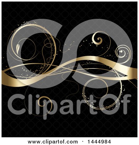 Clipart of a Gold Vine and Swirl Flourish on Black - Royalty Free Vector Illustration by KJ Pargeter