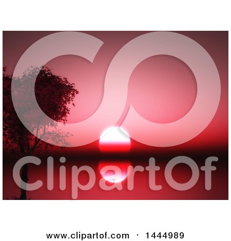 Clipart of a Red Ocean Sunset and 3d Tree - Royalty Free Illustration by KJ Pargeter