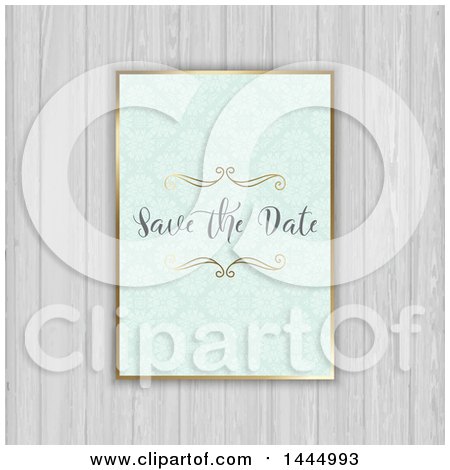 Clipart of a Pastel Damask Save the Date Wedding Invitation over White Wood Panels - Royalty Free Vector Illustration by KJ Pargeter