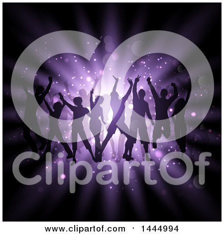 Clipart of a Group of Silhouetted Dancers on Purple Lights - Royalty Free Vector Illustration by KJ Pargeter