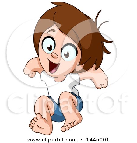 Clipart of a Cartoon Happy and Energetic Brunette White Boy Jumping - Royalty Free Vector Illustration by yayayoyo