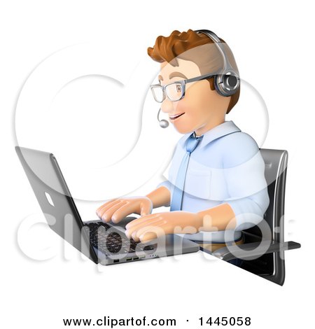 Clipart of a 3d Business Man Wearing a Headset and Helping a Customer While Working on a Laptop, on a White Background - Royalty Free Illustration by Texelart