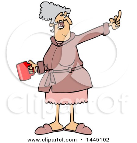 Clipart of a Cartoon Angry Senior Caucasian Woman in Her Robe, Holding Coffee and Flipping the Bird - Royalty Free Vector Illustration by djart