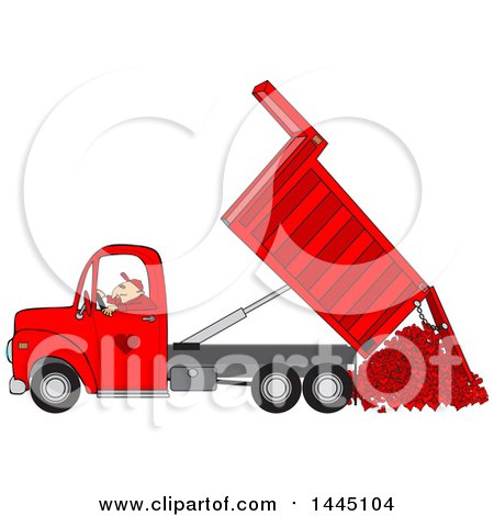 Clipart of a Cartoon Caucasian Man Operating a Red Hydraulic Dump Truck and Dumping Hearts - Royalty Free Vector Illustration by djart