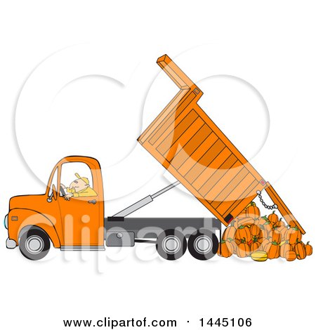 Clipart of a Cartoon Caucasian Man Operating an Orange Hydraulic Dump Truck and Dumping Pumpkins - Royalty Free Vector Illustration by djart