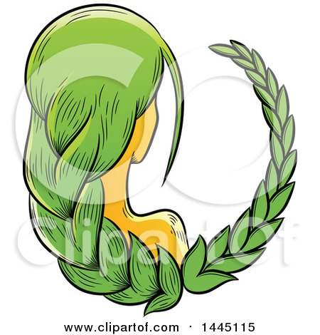 Clipart of a Sketched Astrology Zodiac Virgo Woman with Braided Green Hair - Royalty Free Vector Illustration by cidepix