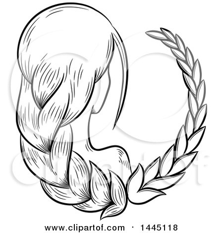 Clipart of a Sketched Black and White Astrology Zodiac Virgo Woman with Braided Hair - Royalty Free Vector Illustration by cidepix
