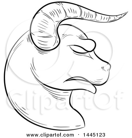 Clipart of a Sketched Black and White Astrology Zodiac Taurus Bull Head in Profile with a White Fill - Royalty Free Vector Illustration by cidepix
