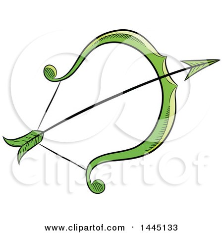Clipart of a Sketched Green Astrology Zodiac Sagittarius Bow and Arrow - Royalty Free Vector Illustration by cidepix