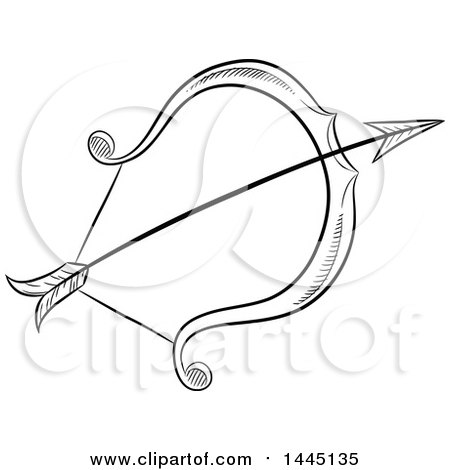 Clipart of a Sketched Black and White Astrology Zodiac Sagittarius Bow and Arrow with a White Fill - Royalty Free Vector Illustration by cidepix