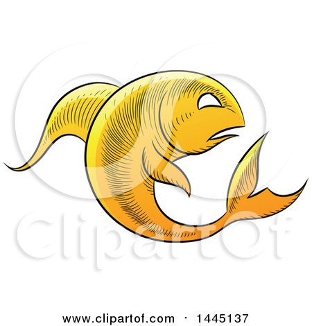 Clipart of a Sketched Golden Yellow Astrology Zodiac Pisces Fish - Royalty Free Vector Illustration by cidepix
