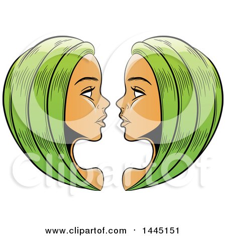 Clipart of Sketched Green Haired Astrology Zodiac Gemini Twins - Royalty Free Vector Illustration by cidepix