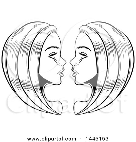 Clipart of Sketched Black and White Astrology Zodiac Gemini Twins with White Fill - Royalty Free Vector Illustration by cidepix