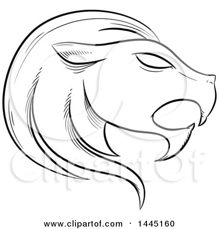 Clipart of a Sketched Black and White Astrology Zodiac Leo Lion Head in Profile - Royalty Free Vector Illustration by cidepix