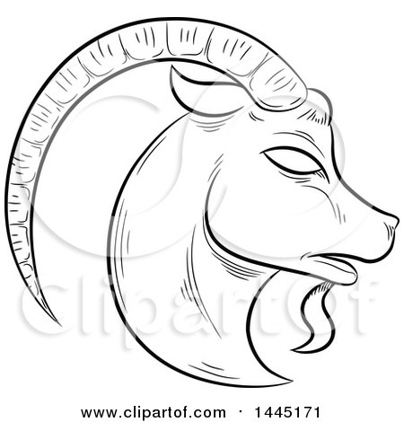 Clipart of a Sketched Black and White Astrology Zodiac Capricorn Goat Head in Profile, with White Fill - Royalty Free Vector Illustration by cidepix