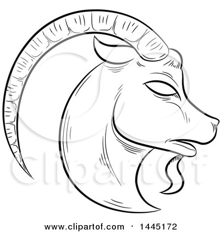 Clipart of a Sketched Black and White Astrology Zodiac Capricorn Goat Head in Profile - Royalty Free Vector Illustration by cidepix