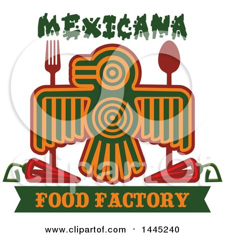 Clipart of a Bird in Aztec or Inca Totem Style, with a Fork, Spoon, Chile Peppers and Mexicana Food Factory Text - Royalty Free Vector Illustration by Vector Tradition SM