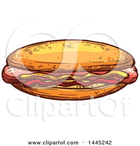Clipart of a Sketched Hot Dog with Mustard and Ketchup - Royalty Free Vector Illustration by Vector Tradition SM