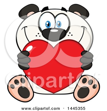 Clipart of a Cartoon Happy Panda Holding a Red Valentine Love Heart - Royalty Free Vector Illustration by Hit Toon