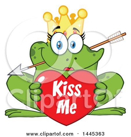 Clipart of a Cartoon Princess Frog Biting Cupids Arrow and Holding a Valentine Kiss Me Heart - Royalty Free Vector Illustration by Hit Toon