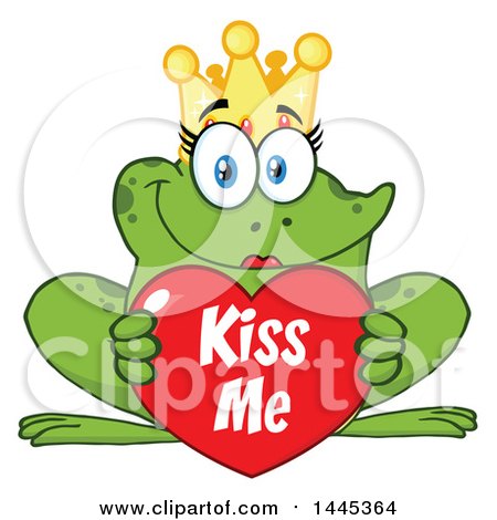 Clipart of a Cartoon Female Princess Frog Holding a Red Valentine Kiss Me Love Heart - Royalty Free Vector Illustration by Hit Toon